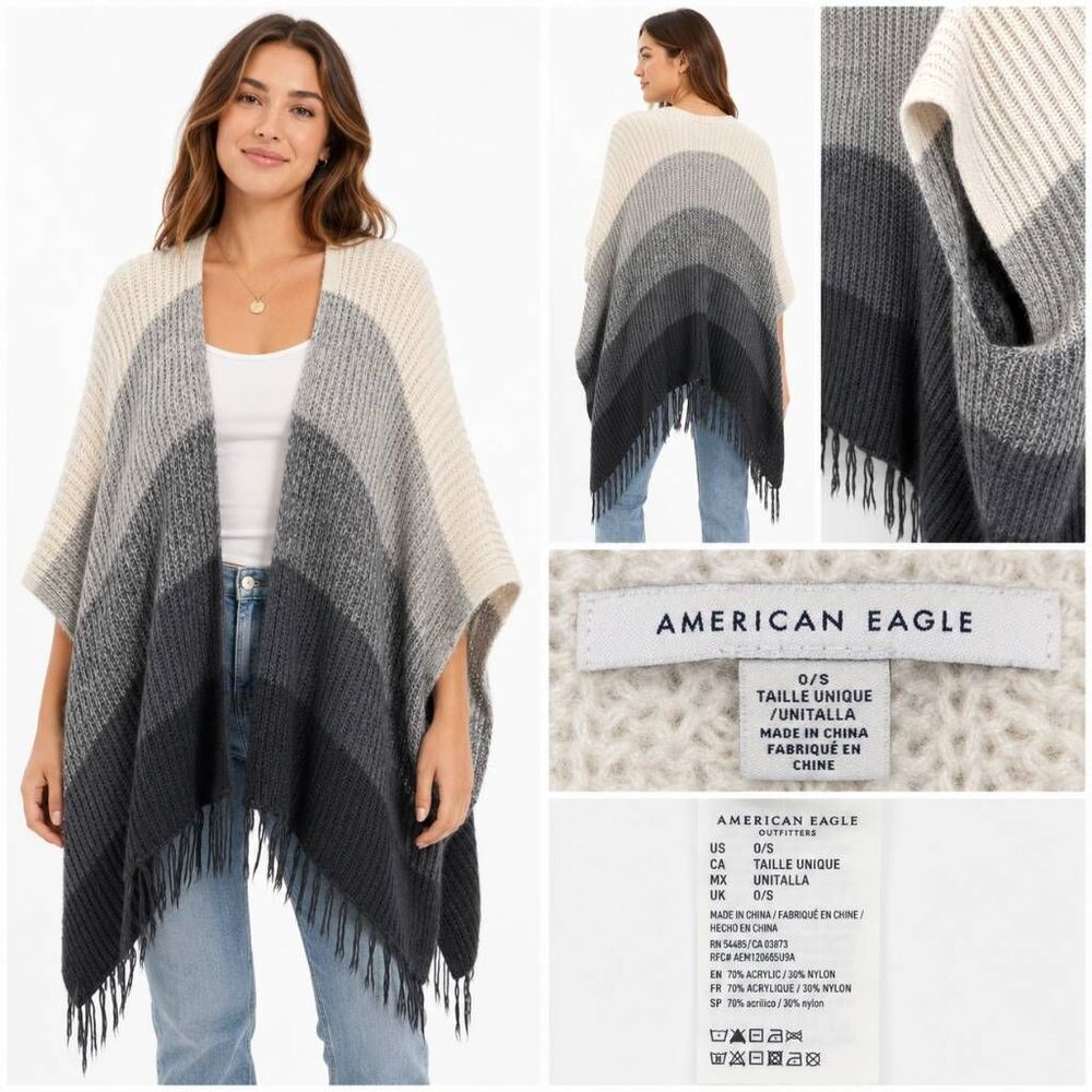 American Eagle O/S Ombre Knit Poncho Cardigan Fringe Gray